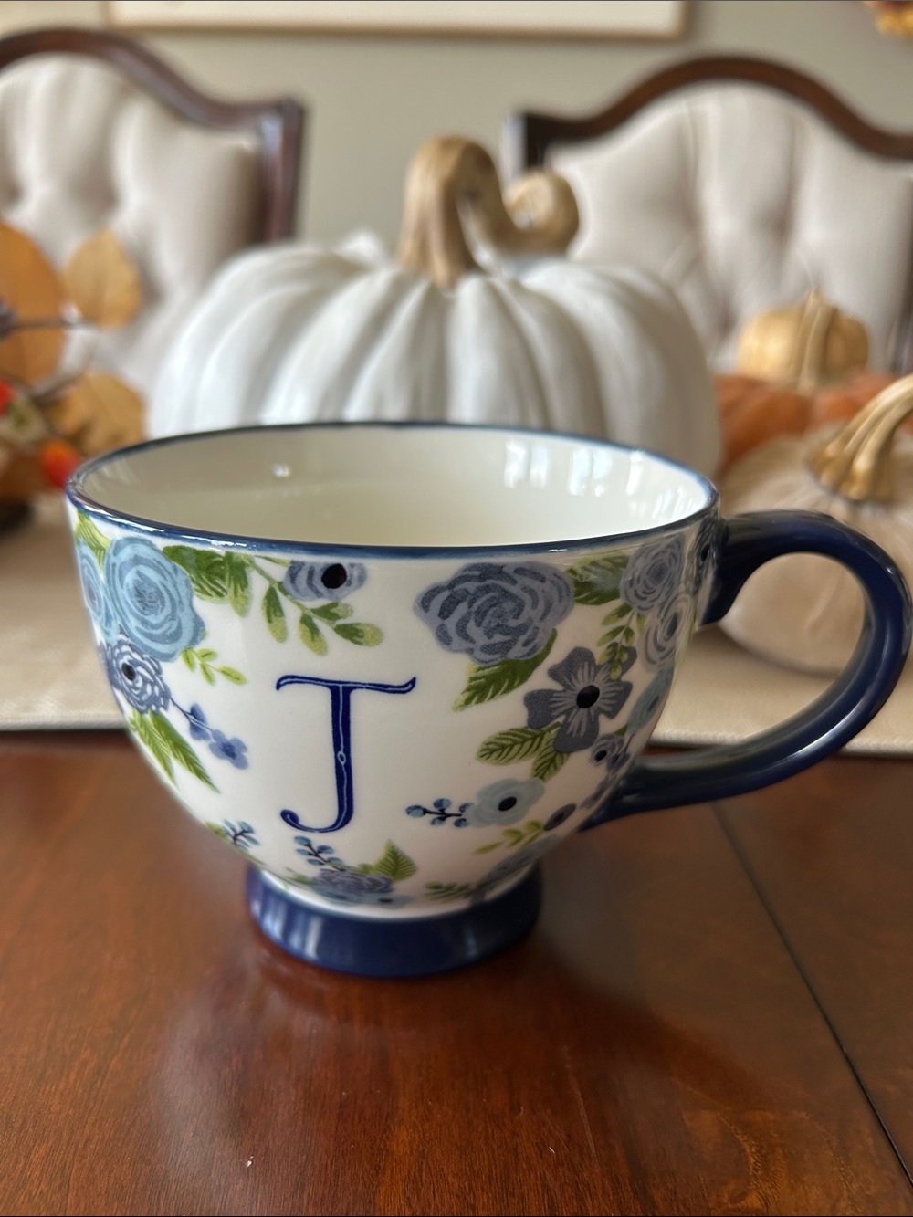 Blue Floral Monogram 'J' Ceramic Mug with Navy Handle
